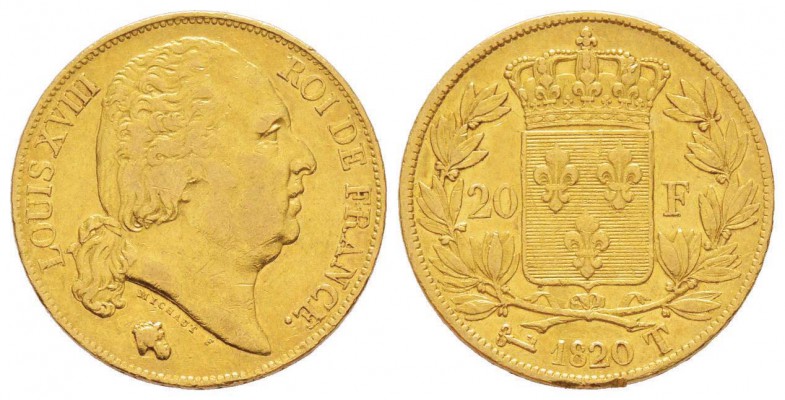 France, Louis XVIII 1815-1824    20 Francs, Nantes, 1820 T, AU 6.39 g.          ...