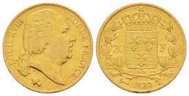 France, Louis XVIII 1815-1824    20 Francs, Nantes, 1820 T, AU 6.39 g.                
Ref : G.1028, Fr.539               
Conservation : Superbe
Q...