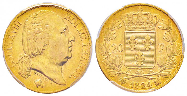 France, Louis XVIII 1815-1824    20 Francs, Marseille, 1824 MA, AU 6.45 g.      ...
