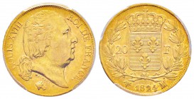 France, Louis XVIII 1815-1824    20 Francs, Marseille, 1824 MA, AU 6.45 g.                
Ref : G.1028, Fr.546               
Conservation : PCGS A...