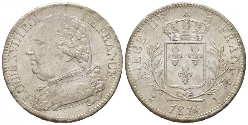 France, Louis XVIII 1815-1824    5 Francs, Bayonne, 1814 L, AG 25 g.            ...