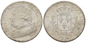 France, Louis XVIII 1815-1824    5 Francs, Bayonne, 1814 L, AG 25 g.                
Ref : G.591       
Conservation : Fines stries d'ajustage sinon...