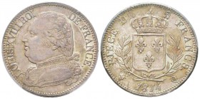 France, Louis XVIII 1815-1824    5 Francs, Perpignan, 1814 Q, AG 25 g.                
Ref : G.591      
Conservation : PCGS MS63. Le plus bel exemp...