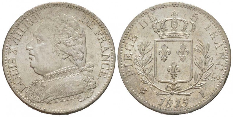 France, Louis XVIII 1815-1824    5 Francs, Bayonne, 1815 L, 5 sur 4, AG 25 g.   ...