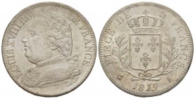 France, Louis XVIII 1815-1824    5 Francs, Bayonne, 1815 L, 5 sur 4, AG 25 g.                
Ref : G.591   
Conservation : Fines stries d'ajustage ...
