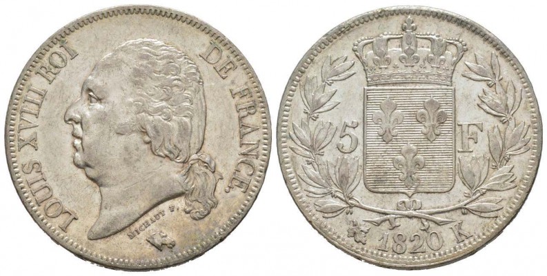 France, Louis XVIII 1815-1824    5 Francs, Bordeaux, 1820 K, AG 25 g.           ...