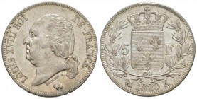 France, Louis XVIII 1815-1824    5 Francs, Bordeaux, 1820 K, AG 25 g.                
Ref : G.614     
Conservation : Petite rayure sur le cou sinon...