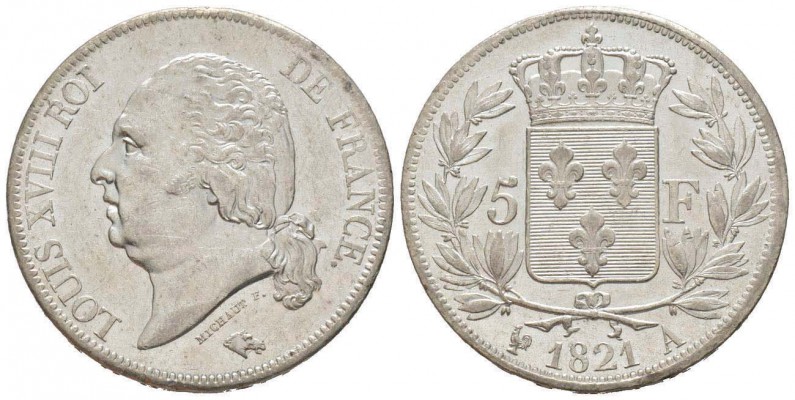 France, Louis XVIII 1815-1824    5 Francs, Paris, 1821 A, AG 25 g.              ...