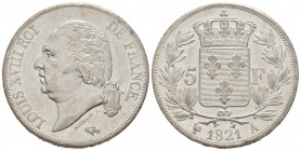 France, Louis XVIII 1815-1824    5 Francs, Paris, 1821 A, AG 25 g.                
Ref : G.614     
Conservation : presque Superbe
