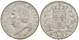 France, Louis XVIII 1815-1824    5 Francs, Bordeaux, 1822 K, AG 25 g.                
Ref : G.614     
Conservation : presque FDC
