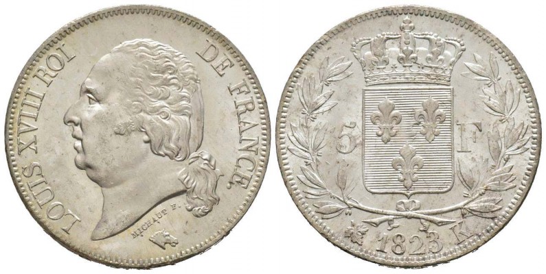 France, Louis XVIII 1815-1824    5 Francs, Bordeaux, 1823 K, AG 25 g.           ...