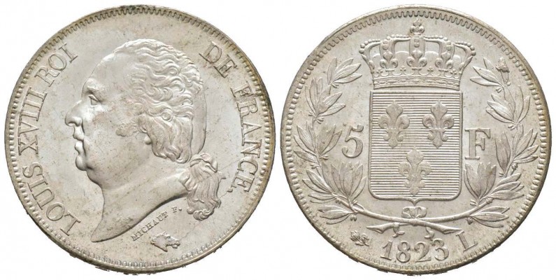 France, Louis XVIII 1815-1824    5 Francs, Bayonne, 1823 L, AG 25 g.            ...
