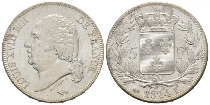 France, Louis XVIII 1815-1824    5 Francs, Bayonne, 1824 L, AG 25 g.            ...