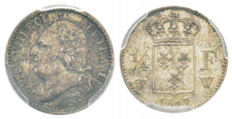 France, Louis XVIII 1815-1824    1/4 Franc, Lille, 1817 W, AG 1.25 g.           ...