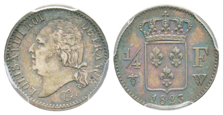 France, Louis XVIII 1815-1824    1/4 Franc, Lille, 1823 W, AG 1.25 g.           ...