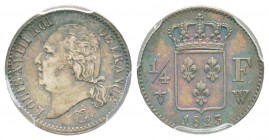 France, Louis XVIII 1815-1824    1/4 Franc, Lille, 1823 W, AG 1.25 g.                
Ref : G.352    
Conservation : PCGS MS62