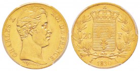 France, Charles X 1824-1830   
20 Francs tranche striée, Paris, 1830 A, AU 6.45 g.                
Ref : G.1029b, Fr.549               
Conservatio...