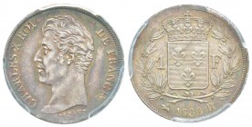 France, Charles X 1824-1830      1 Franc, Rouen, 1830 B, AG 5 g. 
Ref : G. 450
Conservation : PCGS MS65
