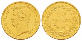 France, Louis Philippe 1830-1848       
20 Francs tranche en creux, Rouen, 1831 B, AU 6.45 g.               
Ref : G.1030, Fr.553               
Co...