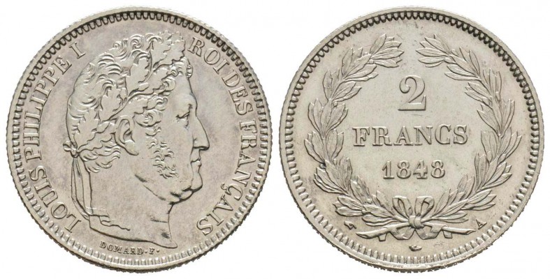 France, Louis Philippe 1830-1848       2 Francs, Paris, 1848 A, AG 10 g.        ...