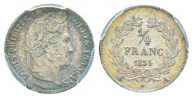 France, Louis Philippe 1830-1848       1/4 Franc, Paris, 1835 A, AG 1.25 g.               
Ref : G.355            
Conservation : PCGS MS63