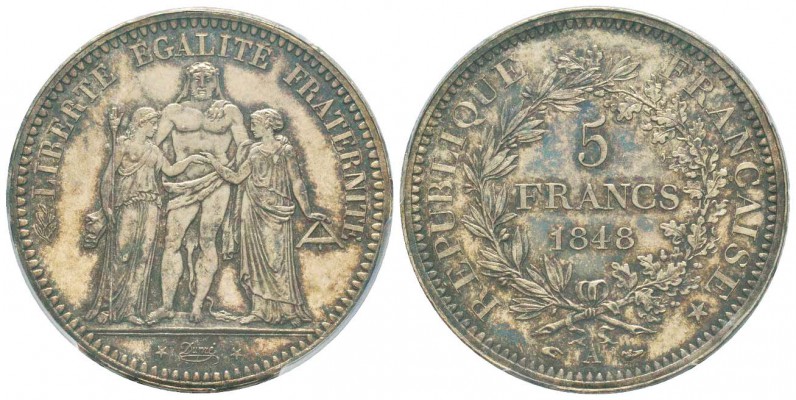 France, IIème République 
5 Francs Hercule, Paris, 1848 A, AG 25 g. 
Ref : G.6...