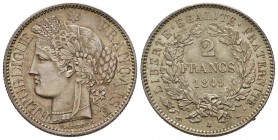 France, IIème République 
2 Francs, Paris, 1849 A, AG 10 g. 
Ref : G.522
Conservation : presque FDC