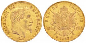 France, Second Empire 1852-1870       
100 Francs, Strasbourg, 1863 BB, AU 32.25 g.                
Ref : G.1136, Fr. 581               
Conservati...