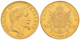 France, Second Empire 1852-1870       
100 Francs, Paris, 1864 A, AU 32.25 g.               
Ref : G.1136, Fr. 580               
Conservation : PC...