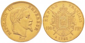 France, Second Empire 1852-1870       
100 Francs, Paris, 1864 A, AU 32.25 g.               
Ref : G.1136, Fr. 580               
Conservation : PC...