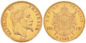France, Second Empire 1852-1870       
100 Francs, Paris, 1865 A, AU 32.25 g.               
Ref : G.1136, Fr. 580               
Conservation : PC...