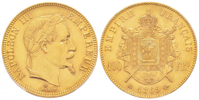 France, Second Empire 1852-1870       
100 Francs, Strasbourg, 1869 BB, AU 32.2...