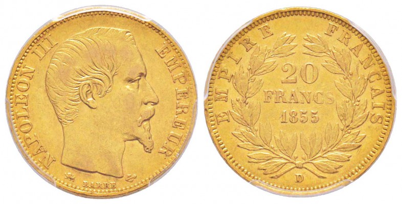France, Second Empire 1852-1870       
20 Francs, Lyon, 1855 D, petit lion, AU ...