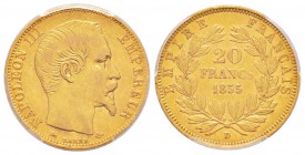 France, Second Empire 1852-1870       
20 Francs, Lyon, 1855 D, petit lion, AU 6.45 g.                
Ref : G.1061, Fr.574               
Conserva...