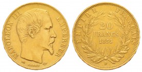 France, Second Empire 1852-1870       
20 Francs, Lyon, 1855 D, frappe médaille, AU 6.45 g.                
Ref : G.1061, Fr.574               
Con...