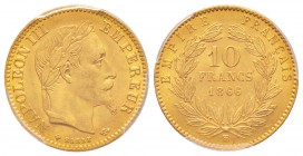 France, Second Empire 1852-1870       
10 Francs tête laurée, Strasbourg, 1866 BB, petit BB, AU 3.22 g. 
Ref : G.1015, Fr. 587
Conservation : PCGS ...
