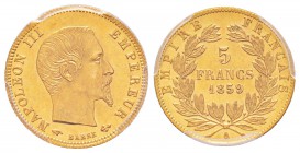 France, Second Empire 1852-1870       
5 Francs, Paris, 1859 A, grand module AU 1.61 g. 
Ref : G.1001, Fr. 578a
Conservation : PCGS MS63. Rarissime...