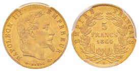 France, Second Empire 1852-1870       
5 Francs tête laurée, Paris, 1864 A, AU 1.61 g. 
Ref : G.1002, Fr. 589
Conservation : PCGS MS64