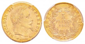 France, Second Empire 1852-1870
5 Francs tête laurée, Paris, 1866 A, AU 1.61 g.
Ref : G.1002, Fr. 589
Conservation : PCGS MS66. Magnifique exemplai...