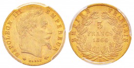 France, Second Empire 1852-1870       
5 Francs tête laurée, Paris, 1866 A, AU 1.61 g. 
Ref : G.1002, Fr. 589
Conservation : PCGS MS64