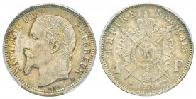 France, Second Empire 1852-1870       
1 Franc, Stasbourg, 1870 BB, AG 5 g.                
Ref :  G.463              
Conservation : PCGS MS65. Ra...