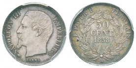 France, Second Empire 1852-1870       
50 Centimes, Paris, 1858 A, AG 2.5 g.                
Ref :  G.414           
Conservation : PCGS MS63