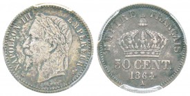France, Second Empire 1852-1870       
50 Centimes, Paris, 1864 A, AG 2.5 g.                
Ref :  G.417          
Conservation : PCGS MS64