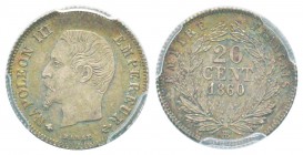 France, Second Empire 1852-1870 
20 Centimes, Starsbourg, 1860 BB, AG 1 g.                
Ref :  G.305             
Conservation : PCGS MS66. Rari...