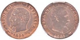 France, Second Empire 1852-1870 
5 Centimes, Strasbourg, 1854 BB, incuse, AE 5 g.                
Ref :  G.152          
Conservation : PCGS MS62 B...