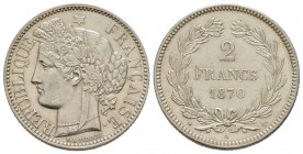 France, Gouvernement de Défense nationale 1870-1871
2 Francs Cérès, Paris, 1870 A, sans légende, AG 10 g.                
Ref : G.529
Conservation ...