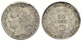 France, Gouvernement de Défense nationale 1870-1871
50 centimes Cérès, Paris, 1871 A, AG 2.5 g.                
Ref : G.419
Conservation : PCGS MS6...