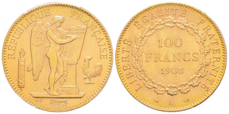 France, Troisième République 1870-1940    
100 Francs, Paris, 1908 A, AU 32.25 ...