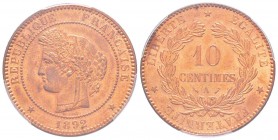 France, Troisième République 1870-1940
10 centimes Cérès, Paris, 1892 A, AE 10 g.
Ref : G.265a
Conservation : PCGS MS64 RD. Le rouge et le brillant...