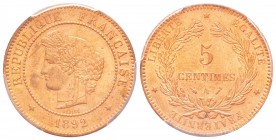 France, Troisième République 1870-1940
5 centimes Cérès, Paris, 1892 A, AE 5 g.
Ref : G.157a
Conservation : PCGS MS64 RD